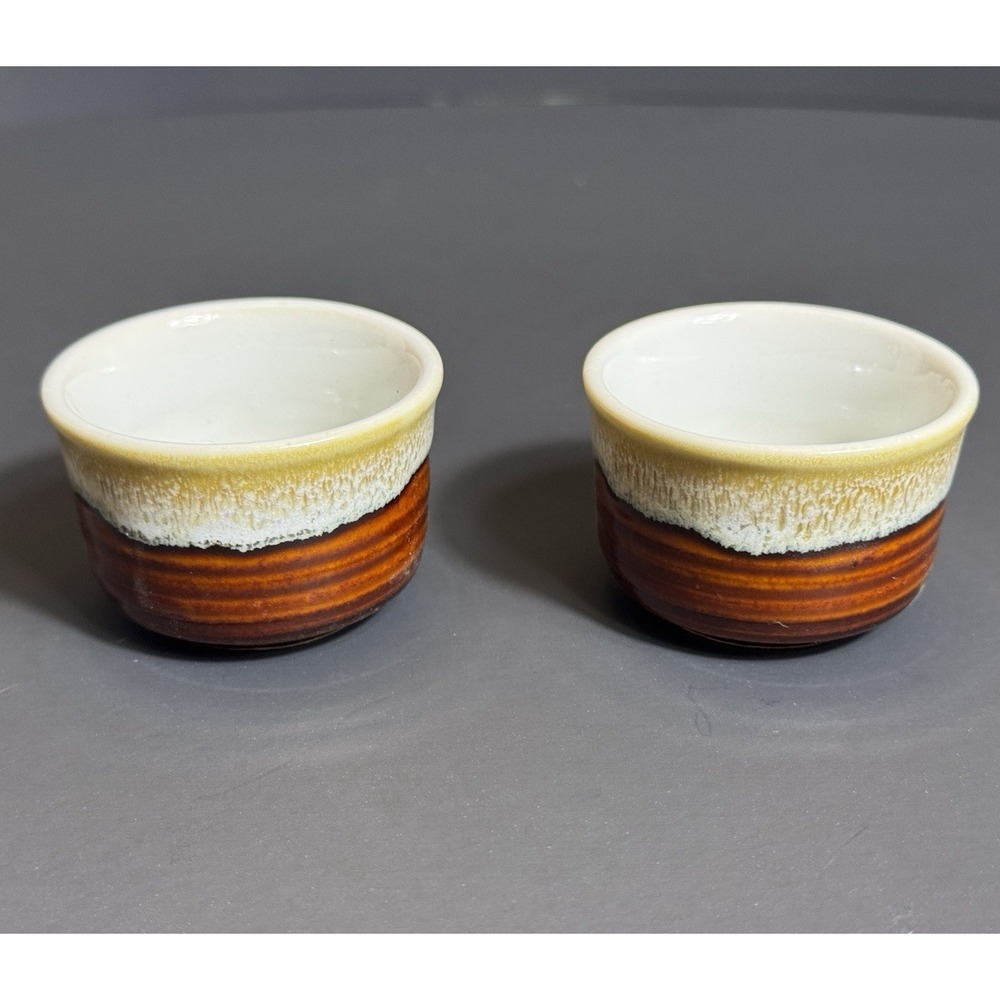 Vtg Drip Glaze Ceramic Sake Tea Cups Brown Cream Ribbed Stoneware Set‎ of 2 MCM